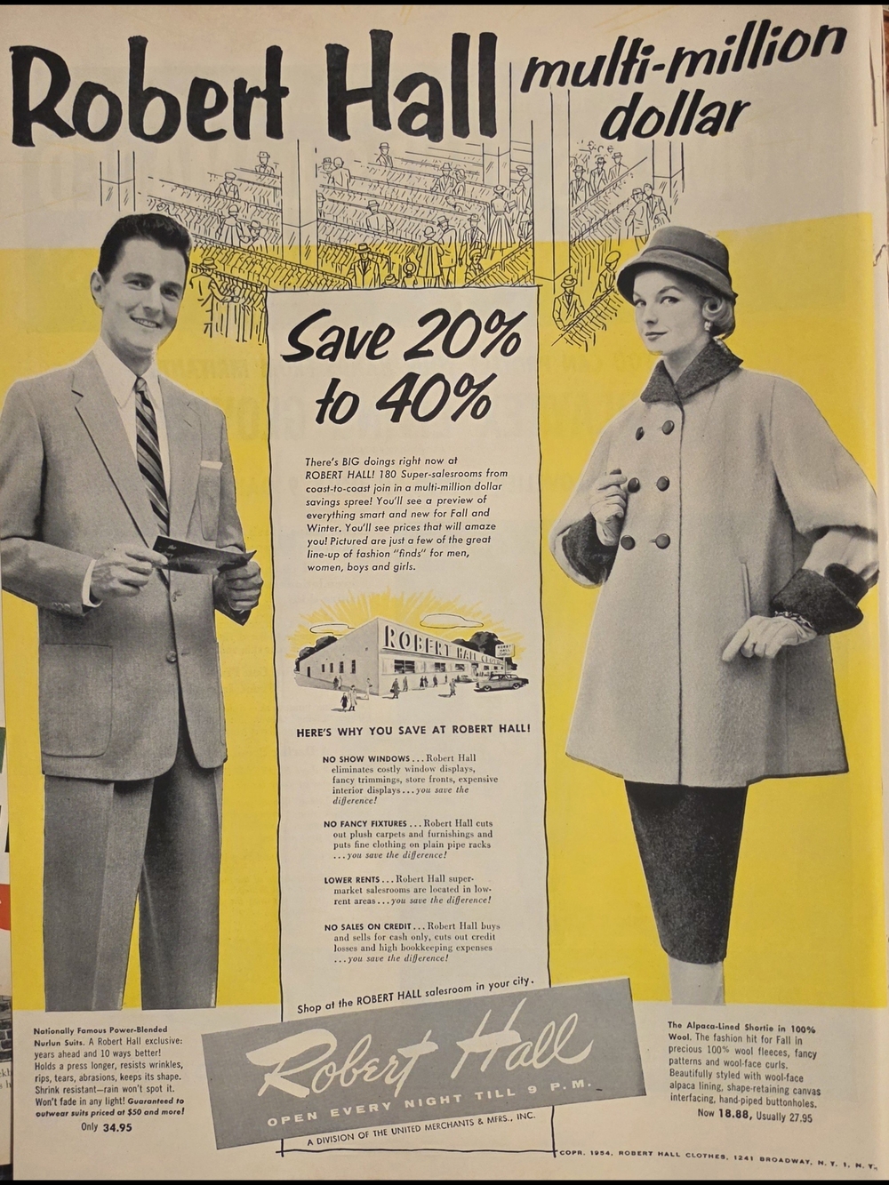 A Vintage 1954 advertisement for Robert Hall clothing